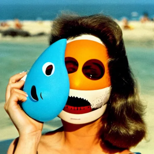 Image similar to 1976 woman wearing a smiley prosthetic mask with long snout nose and nostril, soft color wearing a swimsuit at the beach 1976 holding a an inflatable fish color film 16mm Almodovar John Waters Russ Meyer Doris Wishman old photo