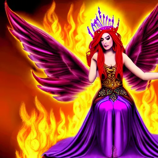 Image similar to Princess sorceress with red flaming bird wings on her back and sitting on an ornate throne dressed in a fancy purple dress, beautiful face, Fantasy, Full Portrait, High detail, realistic, planeswalker