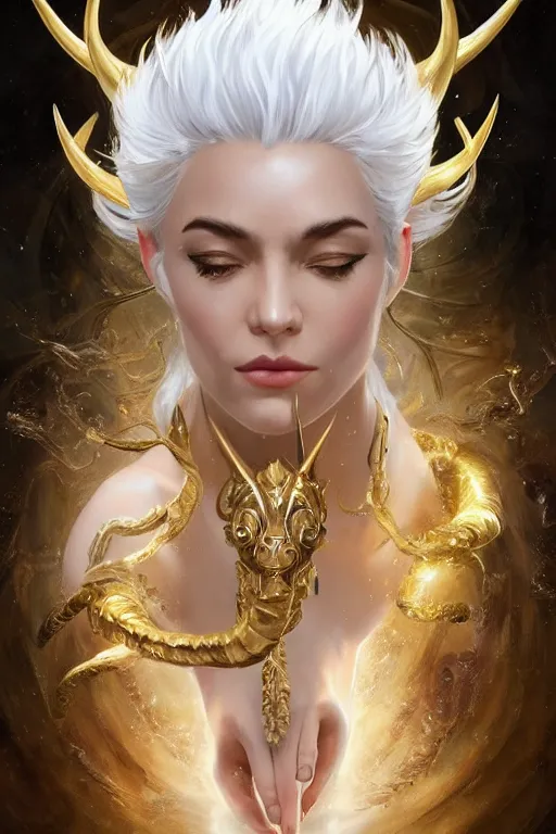 Image similar to fullbody!! beautiful woman with white hair, big natural horns on her head, gold jewellery, dynamic pose, dnd, face, fantasy, intricate, elegant, highly detailed, digital painting, artstation, concept art, smooth, sharp focus, illustration, art by artgerm and greg rutkowski and alphonse mucha