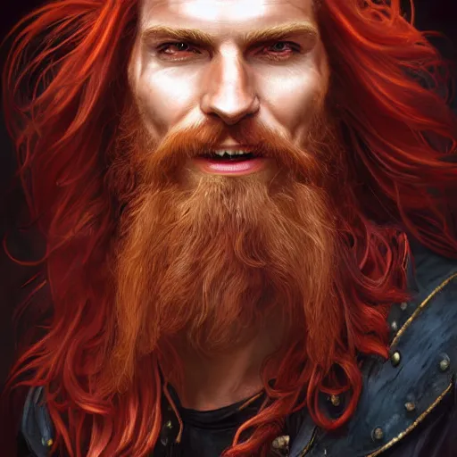 Image similar to portrait of a young ruggedly handsome but joyful pirate, male, masculine, upper body, red crimson hair, long long flowing hair, fantasy, smug smirk, intricate, elegant, highly detailed, digital painting, artstation, concept art, matte, sharp focus, illustration, art by artgerm and greg rutkowski and alphonse mucha