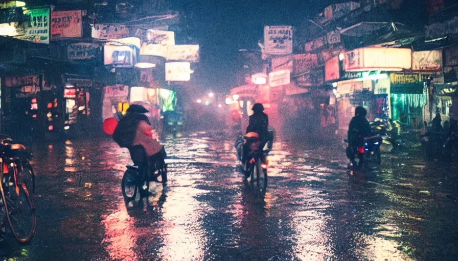 Prompt: street of hanoi photography, night, rain, mist, cinestill 8 0 0 t, in the style of william eggleston