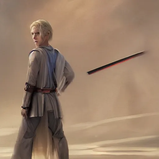 Image similar to a young blonde male jedi with short hair looking away at a threat full body shot concept art by Doug Chiang cinematic concept art, realistic painting, high definition, digital art, matte painting, symmetrical, very detailed, realistic, dramatic lighting, cinematic, establishing shot, extremely high detail, photo realistic, cinematic lighting, post processed, concept art, artstation, matte painting, red color scheme