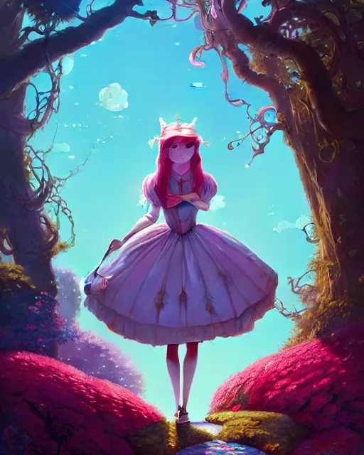 Image similar to highly detailed surreal vfx portrait of a alice in a wonderland, stephen bliss, unreal engine, greg rutkowski, loish, rhads, beeple, makoto shinkai and lois van baarle, ilya kuvshinov, rossdraws, tom bagshaw, alphonse mucha, global illumination, detailed and intricate environment