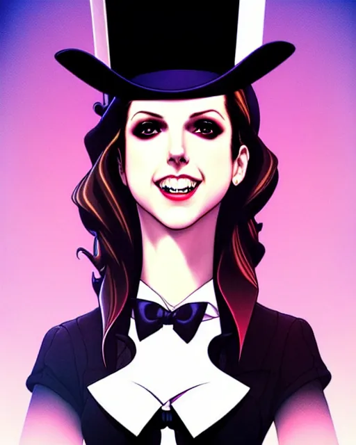 Image similar to beautiful Anna Kendrick Zatanna DC Comics floating on stage, wearing a top hat, symmetrical face symmetrical eyes, smiling, fantasy, intricate details, atmospheric, elegant, concept art, art by artgerm and eiichiro oda, Joshua Middleton art