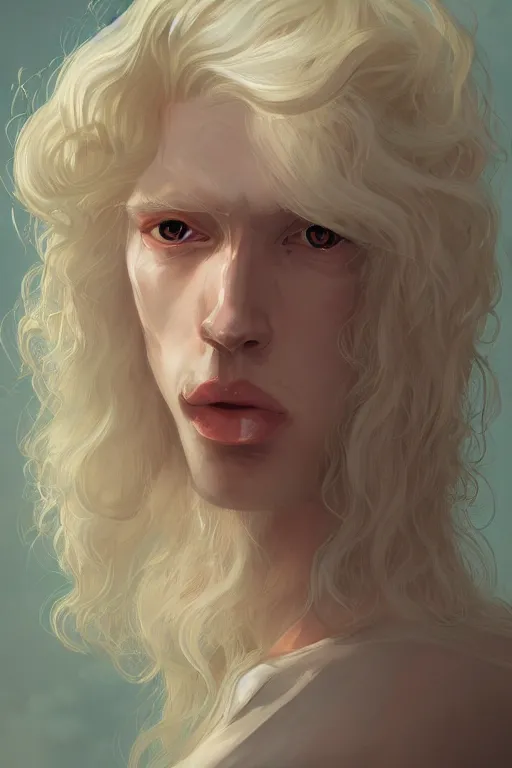 Image similar to prompt portrait of a beautiful androgynous blond man, albino pale white skin and long fluffy curly blond hair, Center parted curtain bangs, close up view, head and upper body, looking upward, fullface, light from above, by Peter Mohrbacher, trending on artstation, 8k