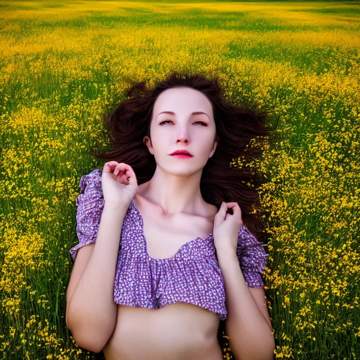 Image similar to photo of a very beautiful!! woman in an endless heavenly meadow, close up, 8 k, hdr, smooth, high resolution, award - winning photo, dslr, 3 5 mm