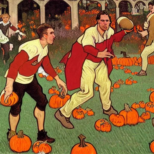 Image similar to painting of arkansas razorbacks playing football with pumpkins at the halloween! party, bubbling cauldron!, candles!, graveyard, gravestones, ghosts, smoke, autumn! colors, elegant, wearing suits!, clothes!, delicate facial features, art by alphonse mucha, vincent van gogh, egon schiele