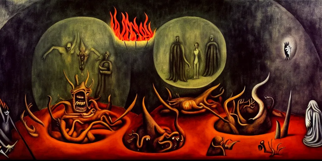 Image similar to trapped on a hedonic treadmill, dark uncanny surreal painting by leonora carrington, dramatic lighting from fire glow, mouth of hell, ixions wheel