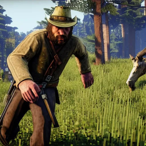 Image similar to steeve from minecraft killing arthur from red dead redemption 2 using nuke