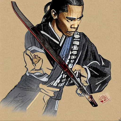 Image similar to portrait of Obama carrying a katana, photorealistic