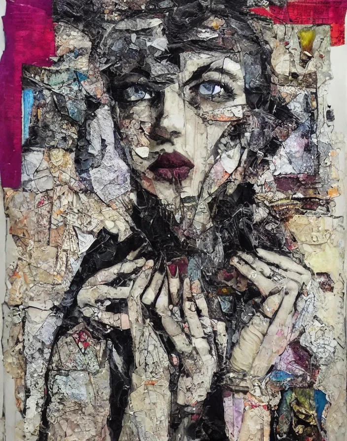 Prompt: decadent symmetry detailed analogue mixed media collage with canvas texture in style of contemporary art, punk art, hyperrealistic beautiful face, photorealistic, expressionism, masterpiece, perfect composition, spectacular quality torn paper, intricate oil details, broken glass