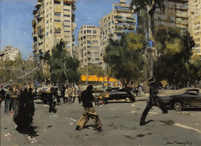 Image similar to a man protesting in a dystopian santiago de chile paseo ahumada by john berkey and manet