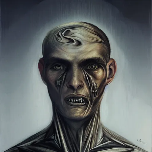 Image similar to surreal portrait of a man by Greg Rutkowski and H.R Giger, symmetrical face, he is about 30 years old, west slav features, short blonde hair with bangs, attractive, smart looking, slim, somewhat androgenic, transformed into a kind of biomechanical transhuman god, disturbing, terrifying but fascinating, with a determined and sinister expression on his face, cosmic void background, frightening, fascinating, highly detailed portrait, digital painting, book cover, artstation, concept art, smooth, sharp foccus ilustration, Artstation HQ