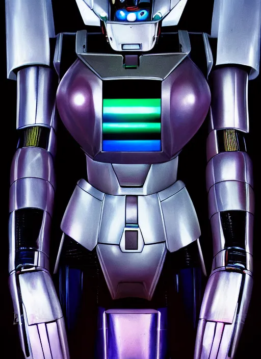 Prompt: hyper realistic and detailed closeup photo of a gundam female android with segmented iridescent translucent panels by annie leibovitz