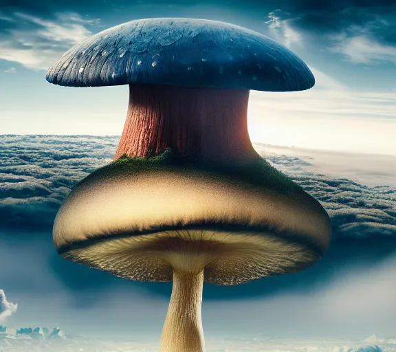 Image similar to a giant mushroom that stretches above the clouds with an upside down city built from the cap instead of gills. highly detailed 8 k. intricate. lifelike. soft light. nikon d 8 5 0. cinematic post - processing