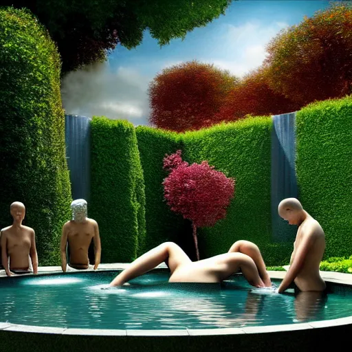 Image similar to hyperrealism photography computer simulation visualisation of parallel universe detailed bath in the detailed garden in dramatic scene from art house futuristic movie by caravaggio and alejandro jodorowsky