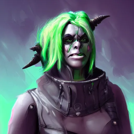 Prompt: concept art of a cyberpunk orc hacker girl with green hair and tusks. Trending on artstation