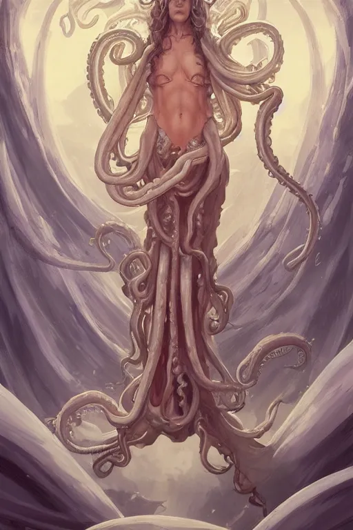 Prompt: a holy cephalopod with long powerful tentacles and a single large eye, broad angel wings wearing long white robe, highly detailed, digital painting, artstation, concept art, matte, sharp focus, illustration, dramatic, sunset,hearthstone, art by Artgerm and Greg Rutkowski and Alphonse Mucha