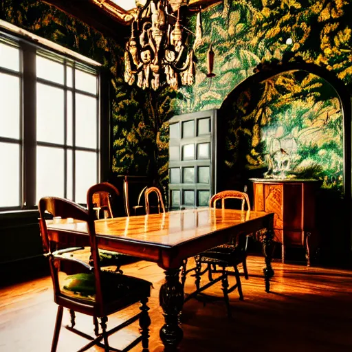 Image similar to beautiful 35mm footage landscape photography of a old antique Victorian Dining room, wood, green black gold brown colors, ornate wallpaper, stylistic furniture, window open to dark forest at night, wide-angle lens, detailed