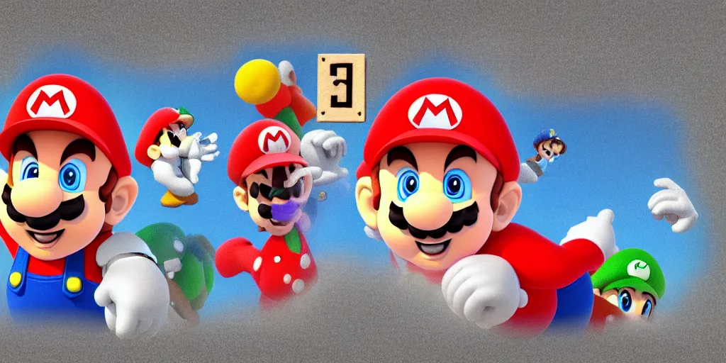 Image similar to lineup of all of the characters from Super Mario, 3D render, simple background