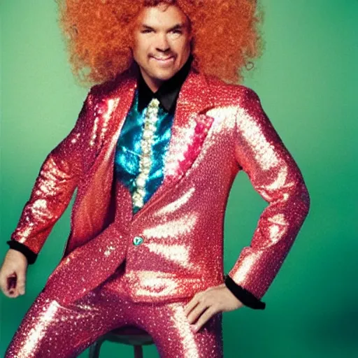 Image similar to uhd candid photo of disco stu wearing disco suit, intricate disco costume. photo by annie leibowitz