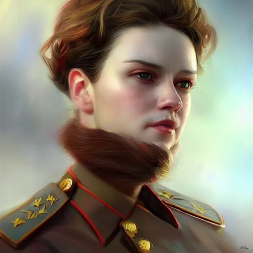 Image similar to a ( stalin ), beauty portrait, fantasy, digital art by krenz cushart, laurie greasly, wlop, artgerm, intricate, highly detailed, sharp focus, smooth, epic composition, joyful, unreal engine