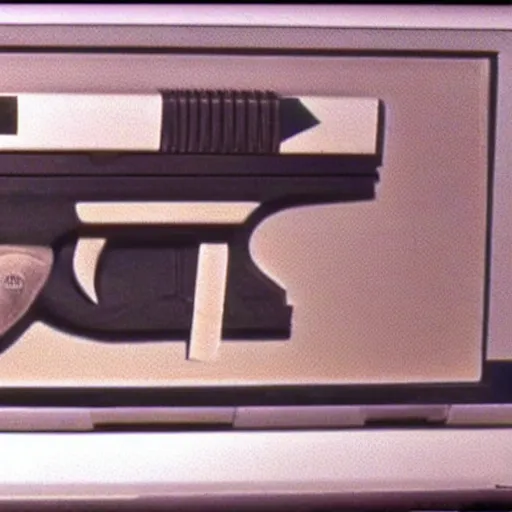 Prompt: A still from 1978 commercial aired late at night of gun that could kill the past, taped to VHS, video artefacts, displayed on a CRT TV