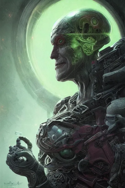 Prompt: Portrait of Phil Spencer as Brainiac, dc comics, dark, intricate, highly detailed, smooth, artstation, digital illustration by Ruan Jia and Mandy Jurgens and Artgerm and Wayne Barlowe and Greg Rutkowski and Zdislav Beksinski