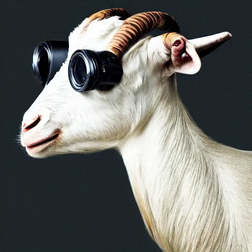 Prompt: front portrait of a smart goat in a suit wearing night vision goggles punk hair hd, high resolution, annie leibovitz