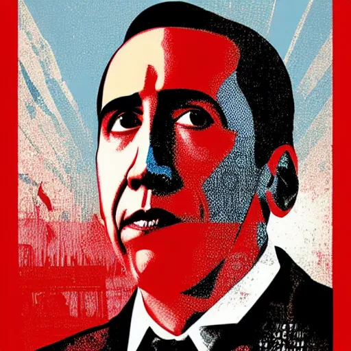 Image similar to nicolas cage in the style of obama hope poster, art by shepard fairey