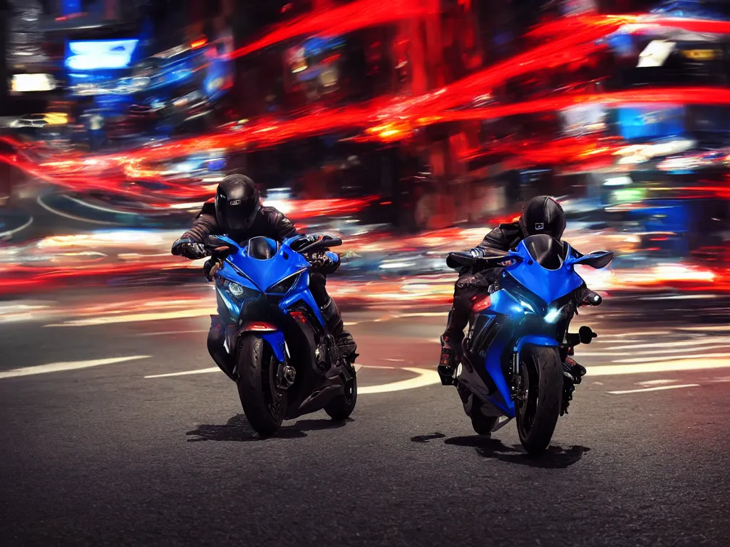 Image similar to a Photorealistic hyperdetailed hyper realistic dramatic moody Low angle night time close up render of biker speeding on a GSX R1000 in the middle of busy shibuya crossing Tokyo,multiple red and orange light trails by,Beautiful dramatic moody tones and lighting,cinematic atmosphere,photorealism,8K