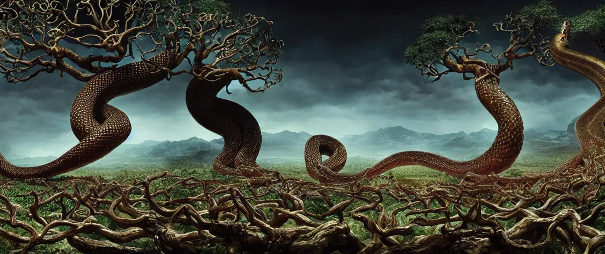 Prompt: a giant snake around the tree of life, high detail, 8k, ornate, dark fantasy, maximalist, realistic, masterpiece, complex, WLOP, film still from the movie directed by Denis Villeneuve with art direction by Salvador Dalí