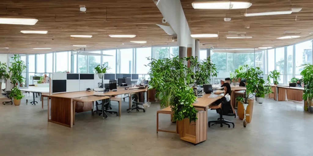 Prompt: an indonesia themed work space interior, walnut wood, minimalism, large windows, multiple desks, meeting desks, technology, cupboards, green plants, large windows with a view of a park, industrial, concrete, bamboo, 8 k