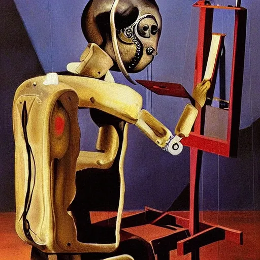 Prompt: robot painter at his easel, by salvador dali ( 1 9 3 6 ), resin on canvas