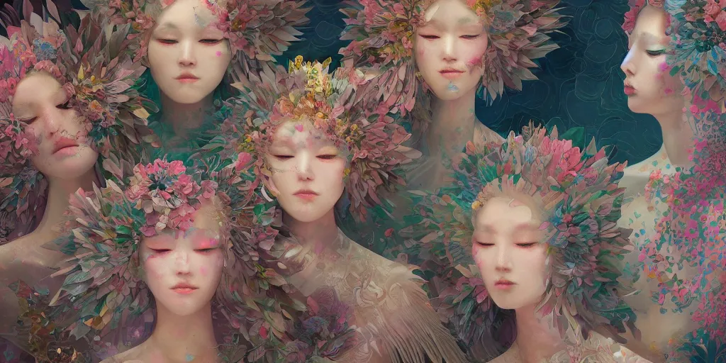 Image similar to breathtaking detailed concept art painting kaleidoscope art deco pattern of blonde faces goddesses amalmation flowers, by hsiao - ron cheng, bizarre compositions, exquisite detail, extremely moody lighting, 8 k