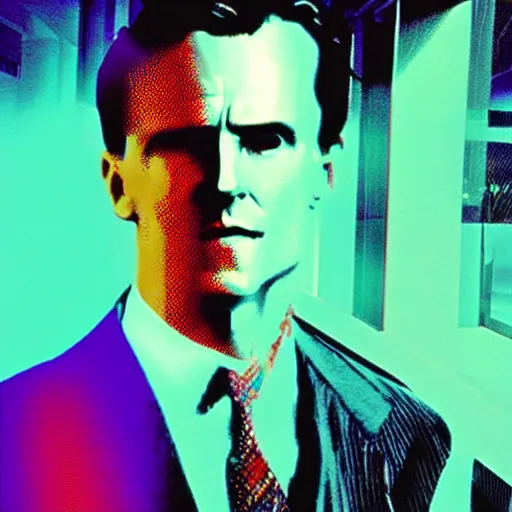 Image similar to a scene from the movie american psycho, glitch art