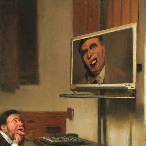 Image similar to an angry man yells at his computer monitor, oil on canvas, 1 8 8 3, highly detailed