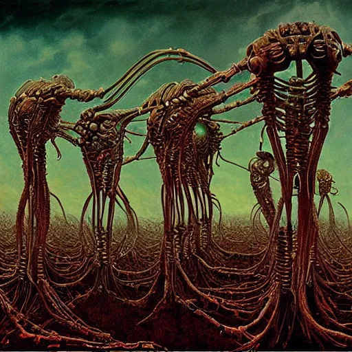 Prompt: organic cyborg alien skeleton alien centipede dark planet style of peter gric Lovecraftian zdzislaw beksinski surrealism poster art