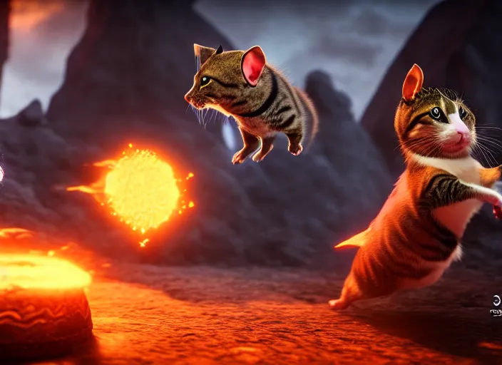 Image similar to hamster fights a cat in mortal kombat at a volcano with shao khan cheering in the background. fantasy magic style. highly detailed 8 k. intricate. lifelike. soft light. sony a 7 r iv 5 5 mm. unreal engine with nanite and path tracing