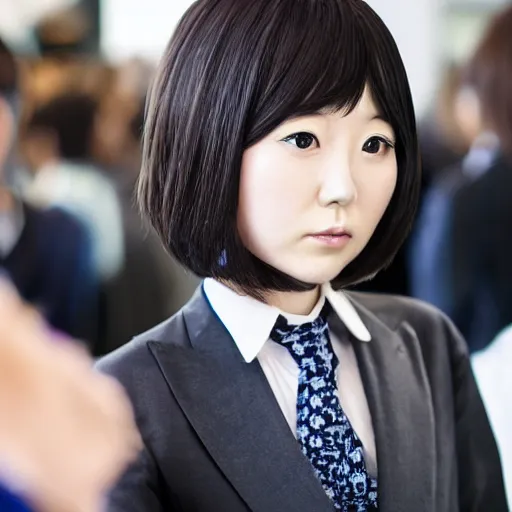 Prompt: a pretty young girl of 2 5, japanese, with big eyes, short shoulder - length hair and a suit ， by sam yang