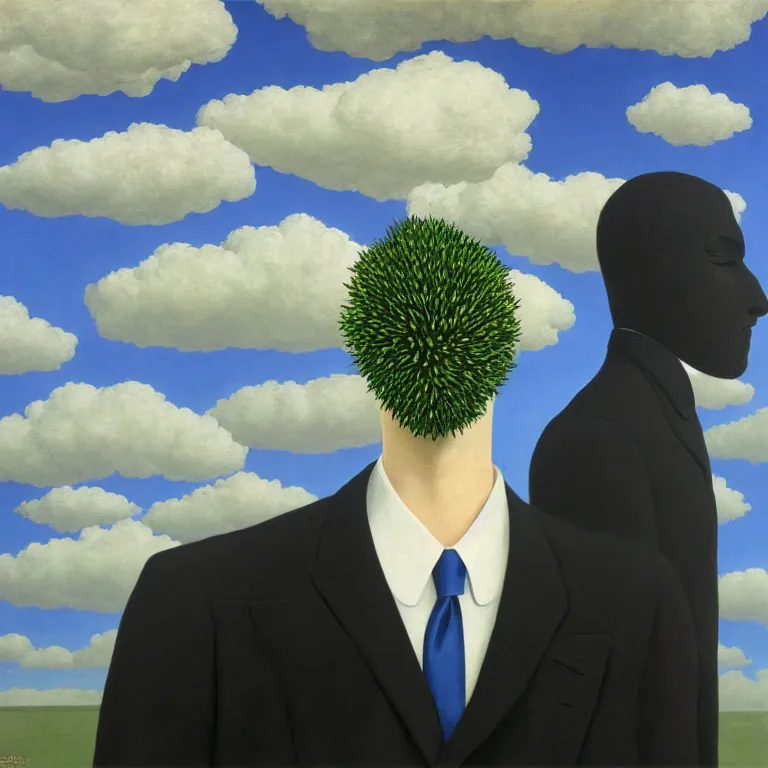 Image similar to portrait of a faceless beautiful flower - head man in a suit, clouds in the background, by rene magritte, detailed painting, distance, middle centered, hd, hq, high resolution, high detail, 4 k, 8 k