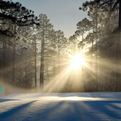 Image similar to augusta national the masters, but during winter completely covered in snow, beautiful ambient light, stunning photography, fog, light rays