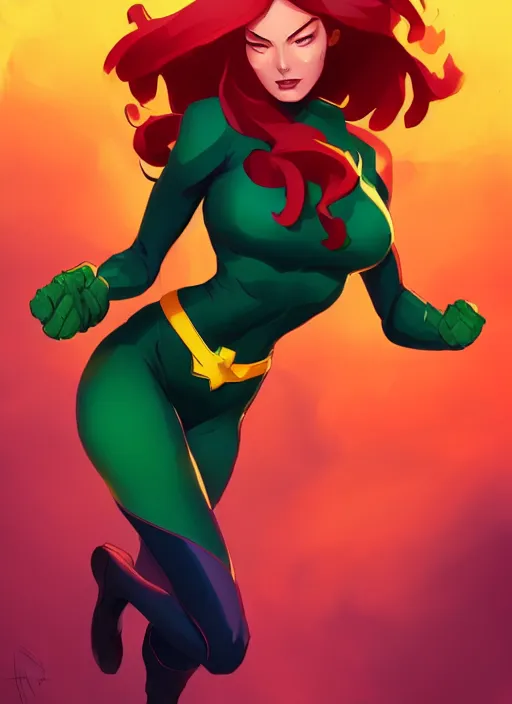 Prompt: jean grey phoenix, green suit, in the style of artgerm and charlie bowater and atey ghailan and mike mignola, vibrant colors and hard shadows and strong rim light, epic lighting, comic cover art, plain background, trending on artstation, detailed
