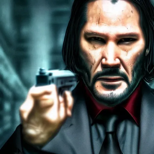 Prompt: portrait photo of a gangster like a fusion between John Wick and Morpheus pointing a gun at the camera, menacingly