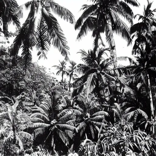 Image similar to a rizom lost film footage of a complex volume in the middle of the tropical jungle / tropicalism / tropicalism / tropicalism / film still / cinematic / enhanced / 1 9 2 0 s / black and white / grain