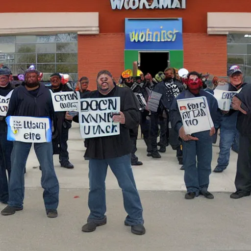 Prompt: orcs standing outside of a Walmart, protesting the working conditions, in 2005