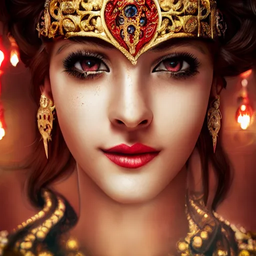 Image similar to photograph of wonderful spanish princess with smooth fair skin, alluring eyes, red jewelry, breathtaking, elegant, ornate, intricate, hyper detailed, accent lighting, dramatic light, 4 k octane render