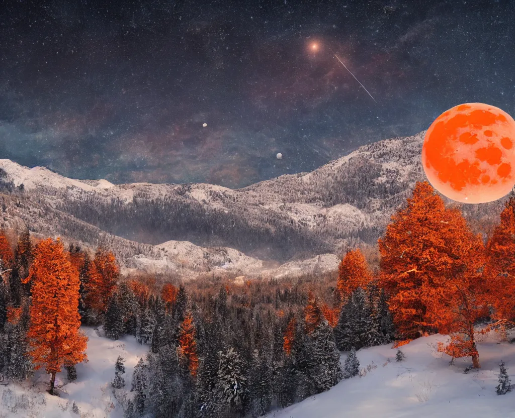 Image similar to A heavily-forested valley surrounded by snow-capped mountains, nighttime, orange moon, red nebula, no clouds, sci-fi, photorealistic, landscape