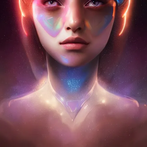 Prompt: a beautiful girl wearing a holographic mask in a futuristic world, digital art, 8 k resolution, highly detailed, artstation, pretty face, very beautiful face, very detailed eyes, by rossdraws, tom bagshaw, greg rutkowski, ferdinand knab