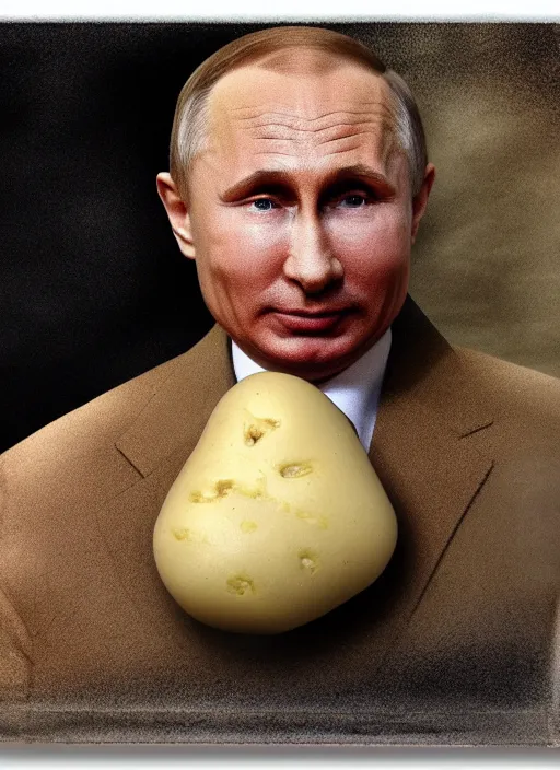 Prompt: a potato photo of Putin as a mentally challenged baby potato melting, 4k, trending on arstation, Norman Saunders